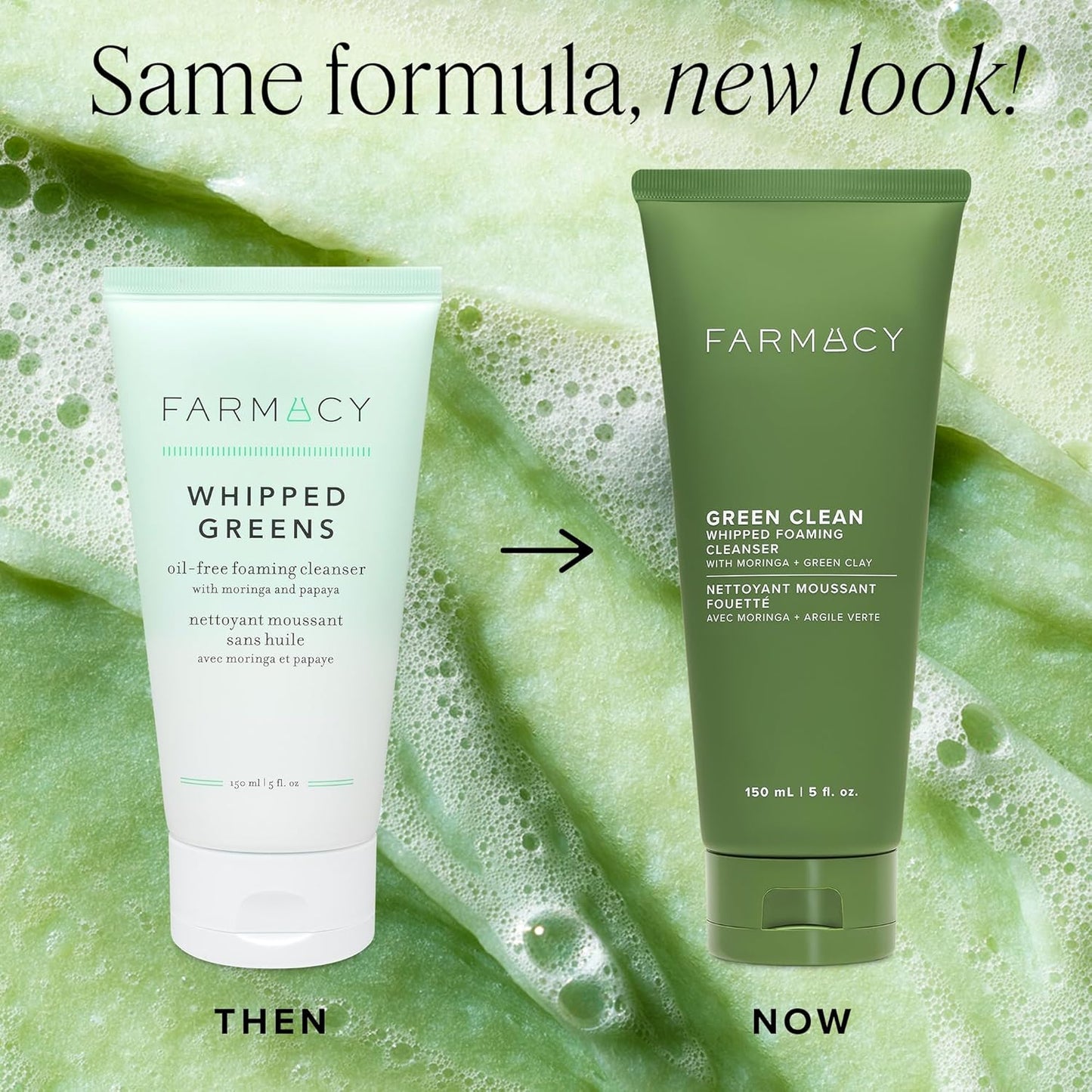 Farmacy Foaming Face Wash for Oily Skin - Whipped Greens Oil-Free Gentle Facial Cleanser + Exfoliator - Infused with Green Clay to Remove Impurities, Control Oil + Maintain Skin Hydration (150ml)