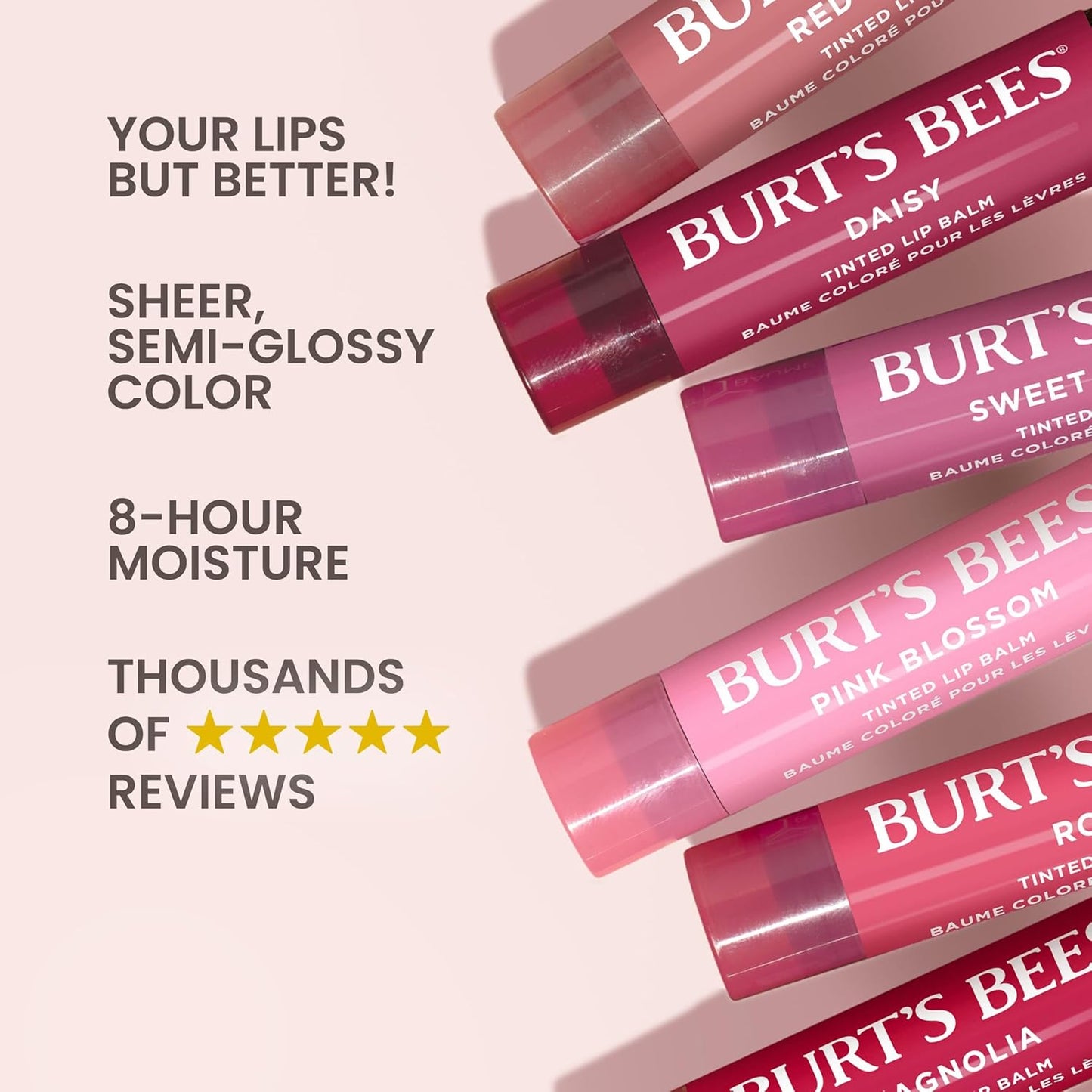 Burts Bees Tinted Lip Balm Pink Blossom; 8 Hour Moisture; Provides a Hint of Color; Nourishing Shea Butter; 100% Natural Origin; 1 Tube; 0.15 Oz. (Package May Vary)