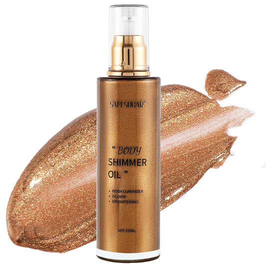Shimmer Body Oil, Long Lasting Moisturizing Body Glow Glitter for Women Face Luminizer Highlighter Makeup 100ml Shimmer Oil for Glowing Skin Lotion (Dark Brown Gold) | alldaygood beauty