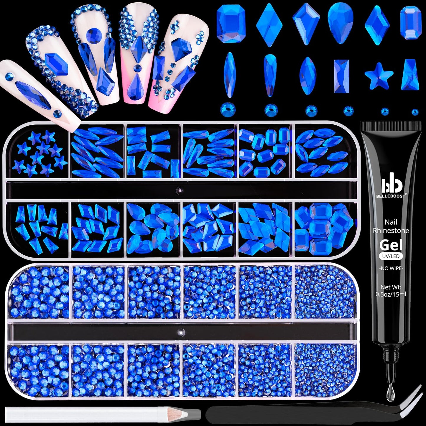 3220Pcs Royal Blue Glass Rhinestones 120Pcs Multi Shapes Flatback Gems + 3100Pcs 1.5-4mm Round Crystal With Glue Gel, Manicure Charms Diamond Gemstones for Nail Art
