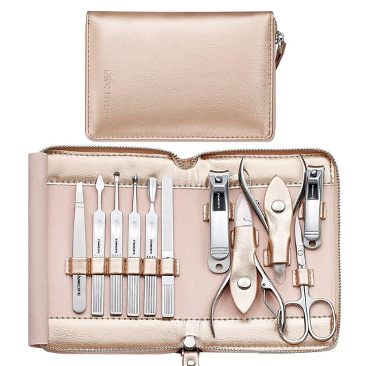 FAMILIFE Gifts for Women, Manicure Set Professional Manicure Kit 11 in 1 Nail Kit Nail Clippers Tools Stainless Steel with Rose Gold Leather Case Travel Sets | alldaygood beauty