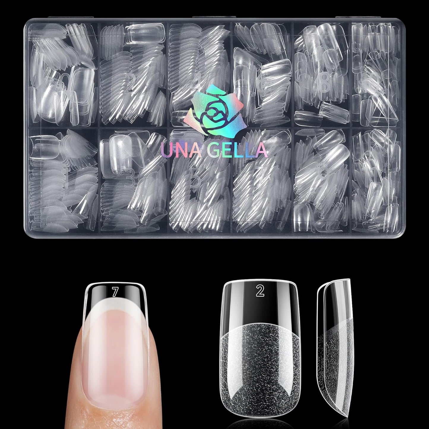 UNA GELLA Short Square Nail Tips, 600PCS Square Gel Nails Tips Pre Etched Full Cover Soft Gel Press on Nails No C Curve For Women Girl DIY French & Chrome Style Salon At Home 12 Sizes