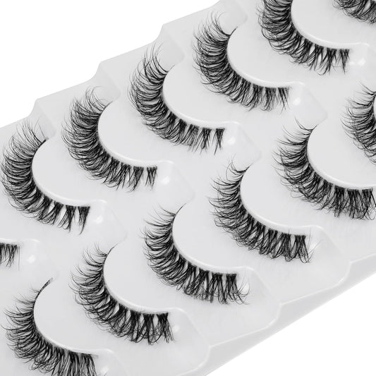 JIMIRE Demi-wispies Faux Mink Eyelashes with Clear Band Russian Strip Lashes Fluffy Natural Look Wispy Light 13MM Short False Eyelashes Invisible Small 3D Fake Lashs Pack 7 Pairs