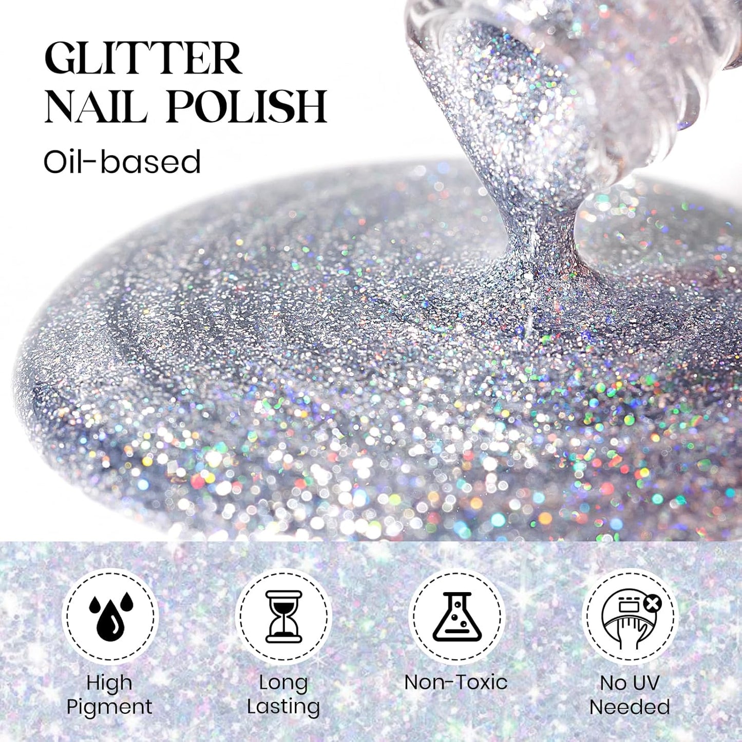 MIZHSE Quick Dry Glitter Nail Polish, Siver Rainbow Nail Polish Air Dry Fast, 15ml High Glossy Sparkly Shiny Shimmery Iridescent Silver Nail Art Salon Manicure Home