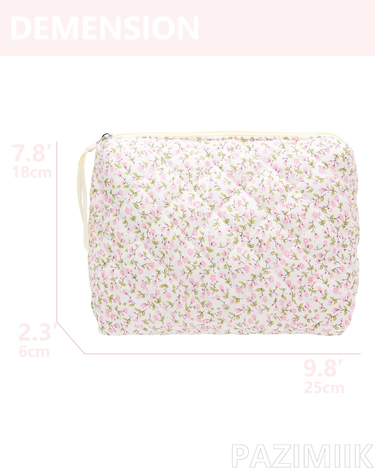Quilted Makeup Bag Large Travel Zipper Soft Cosmetic Pouch for Women Girls Make Up,Floral Pink