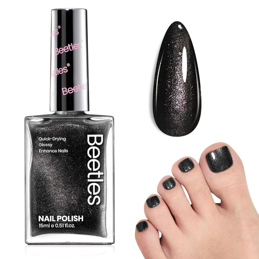 Beetles Black Glitter Nail Polish-1Pcs 15ml Fast Drying Nail Polish Shimmer Black Winter Nail Polish Nail Lacquer Glossy Finish Nail Art Design for Women,Up to 8 Days of Wear, 0.51 FL OZ | alldaygood beauty