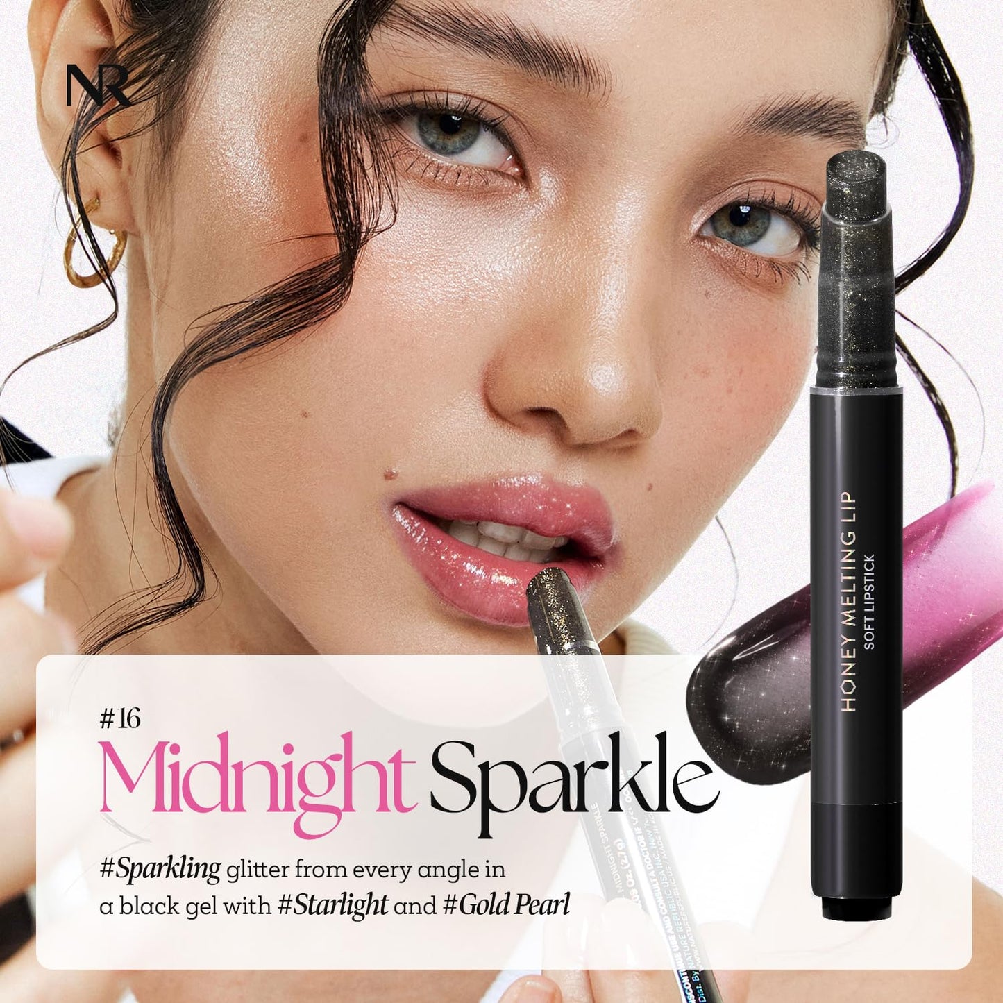 Nature Republic HONEY MELTING LIP GLITTER & PLUMPING (16 MIDNIGHT SPARKLE) SOFT LIP STICK Moisturizing Gloss, Volumizing formula, Color changing Sheer tint, Shine Glimmer Finish, korean make up