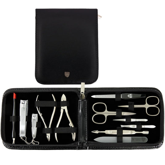 3 Swords Germany - brand quality 12 piece manicure pedicure grooming kit set for professional finger & toe nail care with black synthetic leather case - Made in Germany | alldaygood beauty