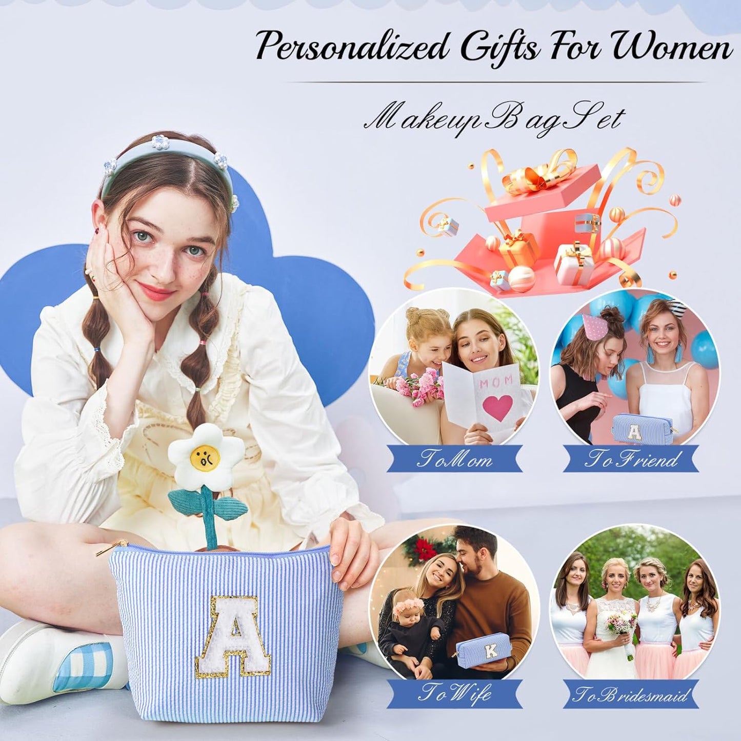 YOOLIFE Initial Makeup Bag | Makeup Bag | Travel Cosmetic Bag | Birthday Gifts for Girls | Teen Girl Gifts Trendy Stuff | Birthday Gifts for 4 5 6 7 8 9 10 11 12 13 Year Old Girls | Blue M