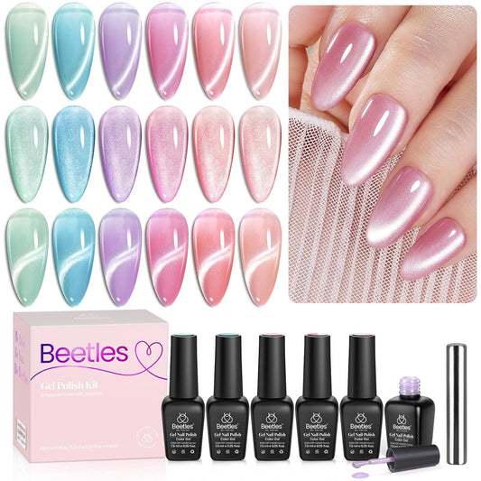 Beetles Cat Eye Gel Nail Polish Set, 6 Summer Colors Pastel Shimmer Glitter Gel Polish Kit Soak Off LED UV Curing Requires Pink Red Blue Orange Green Purple Velvet Gel with Magnet Gift for Women | alldaygood beauty