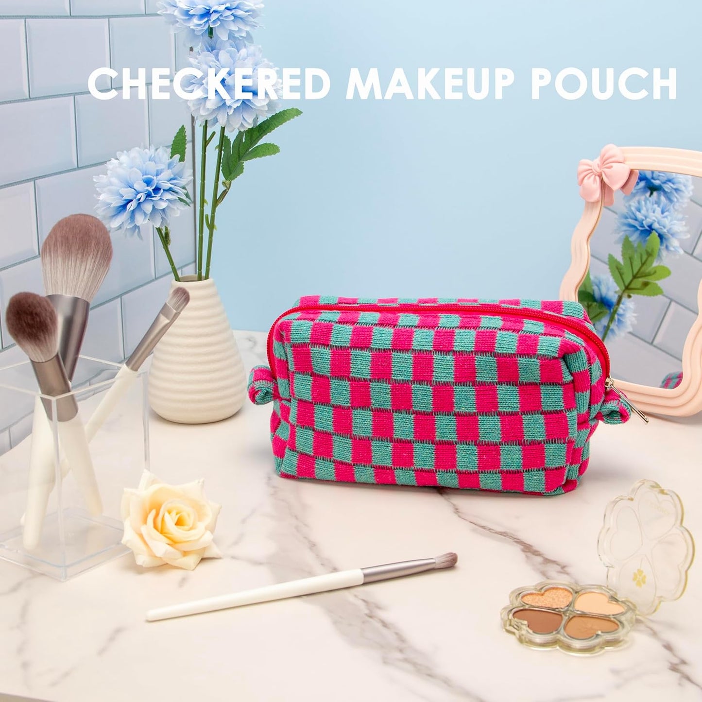 PAZIMIIK Checkered Makeup Bag for Purse Portable Zipper Make Up Pouch Small Cosmetic Case for Travel Accessories (2PCS Magenta Green)