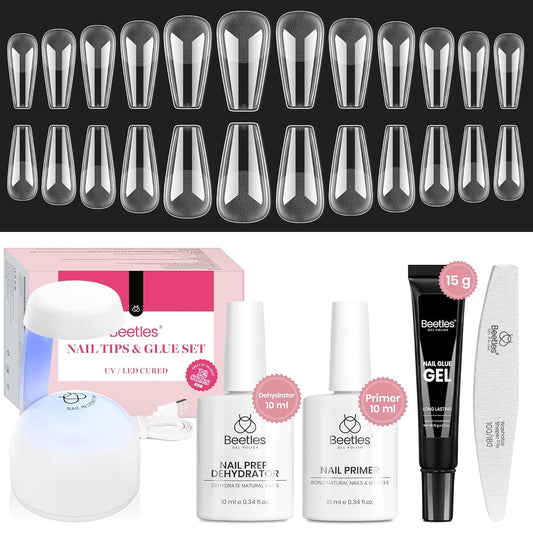 Beetles Gel Nail Kit Medium Coffin with Nail Dehydrator and Primer, 576Pcs Half Matte Etch-X Gel Nail Tips Solid Nail Glue Mini Nail Lamp Acrylic Nail Tips Easy DIY Nail Extension Set Gift for Women | alldaygood beauty