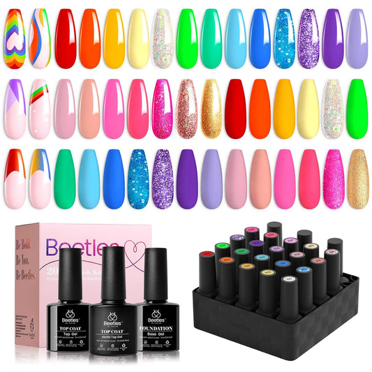 Beetles Rainbow Gel Polish Set, 20 Colors Glitter Pink Red Green Blue Bright Rainbow Collection Colorful Gel Polish Nails Sparkle Gel Base Glossy & Matte Top Coat UV Gel Gift for Women & Girls | alldaygood beauty