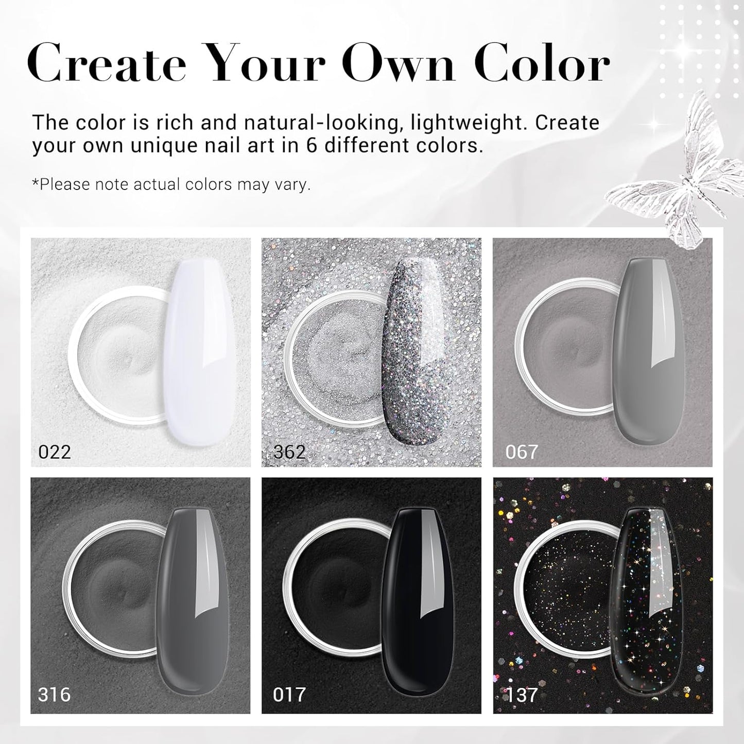 AZUREBEAUTY Dip Powder Nail Basic Set White Black Silver Grey Pure Sparkle 6 Colors All Seasons Dipping Powder Starter Kit French Nail Art Manicure DIY Salon for Women, No Need Nail Lamp Cured