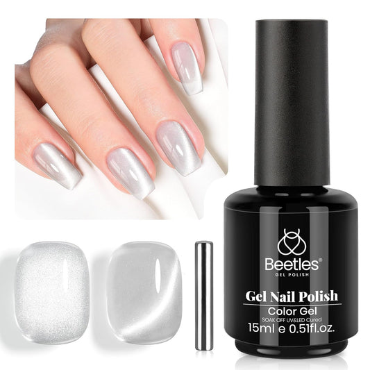 Beetles Silver Cat Eye Gel Polish, 15ML Silver Glass Cat Eye Glitter Gel Polish with Magnet Shimmer Translucent Sheer Color Soak Off UV Lunar Gleam Series French Nail Art Gift for Women | alldaygood beauty