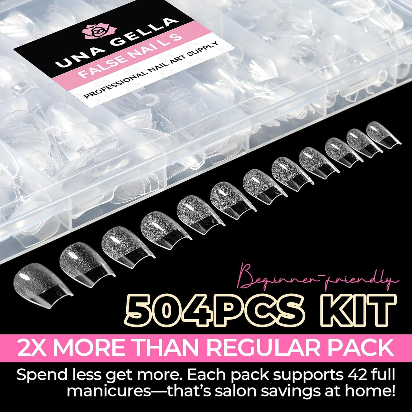 UNA GELLA Extra Short Coffin Nails Tips: 504pcs Pre-etched XS Short Nails, 12 Sizes Clear Coffin Press on Nails Full Cover Gel Tips Acrylic False Fake Nails Extension DIY Salon