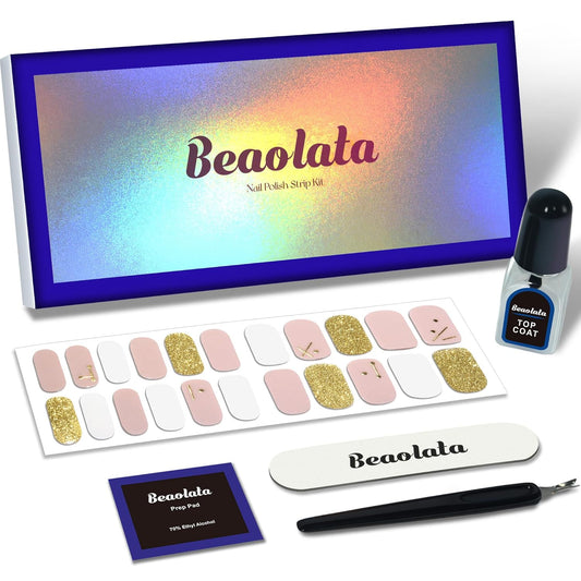 Nail Polish Strips, 44PCS Salon Quality Wraps with Top Coat, Long Lasting Gel Nail Stickers for Women Easy Apply& Remove (Sailing on Pink&Gold) | alldaygood beauty