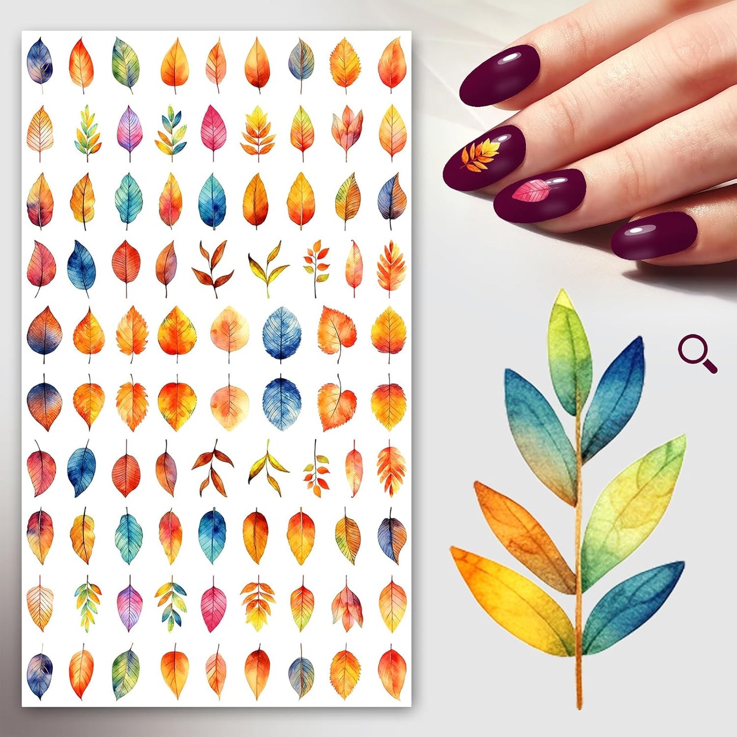 Nail Stickers Decals (5 Sheets) FLONZNAIL Amazing Watercolour Rainbow Leaves Vintage Styled Nail Decor