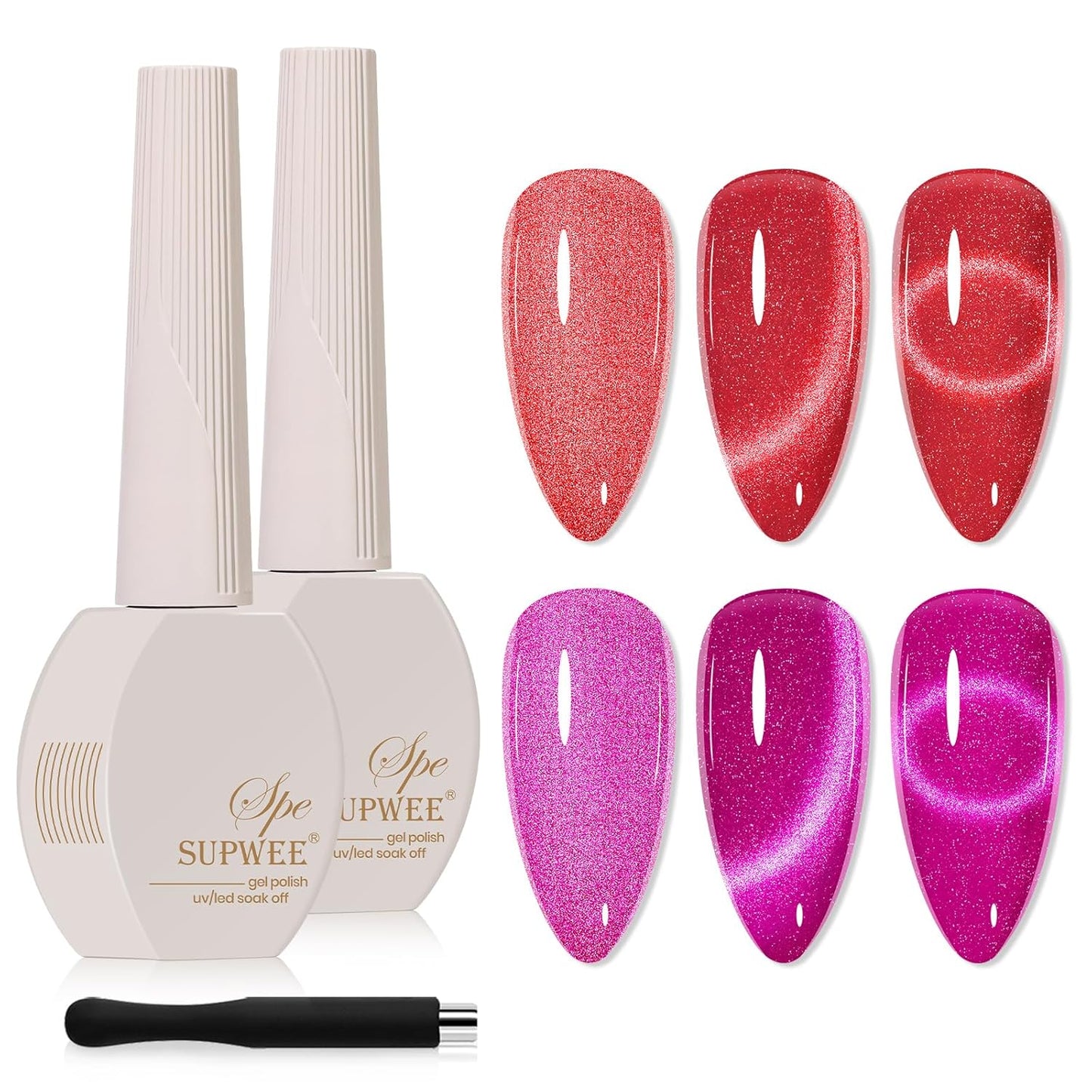 2PCS 15ML Cat Magnetic Eye Gel Nail Polish, Red Hot Pink Cateye Gel Nail Polish Holographic Glitter Shimmer Effect with Magnetic Stick Soak Off Salon DIY at Home