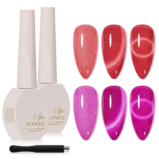 2PCS 15ML Cat Magnetic Eye Gel Nail Polish, Red Hot Pink Cateye Gel Nail Polish Holographic Glitter Shimmer Effect with Magnetic Stick Soak Off Salon DIY at Home | alldaygood beauty