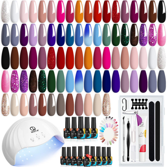 MEFA Gel Nail Polish Kit with U V Light, 42 Colors Fall Winter 60 Pcs Gel Nail Starter Kit with Base Matte Glossy Top Coat, Nail Art Accessories, Nail Tool Box, Cuticle Remover Care Mnicure DIY Salon