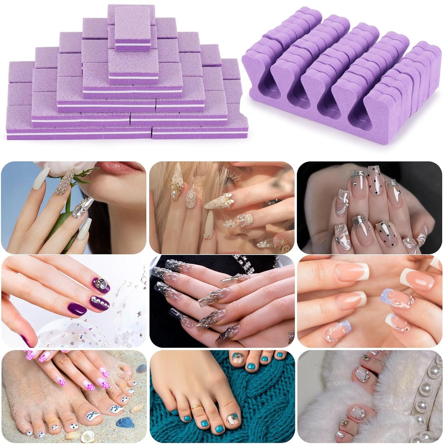 102pcs Toe Separators Set - Premium Pedicure Tool Super Soft Pedicure Toe Separator- Mini Nail Buffer Block File 80/100 Grit 2 Sided, Purple