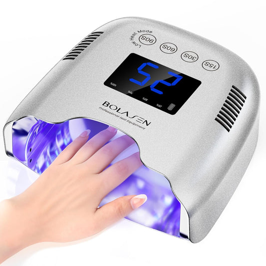 BOLASEN Cordless Rechargeable UV Nail Lamp - UV Light for Gel Nails with Metallic Reflector & Metal Base, 54W Portable Wireless LED Nail Dryer, Professional Curing Lamp for Salon, Silver Glitter | alldaygood beauty