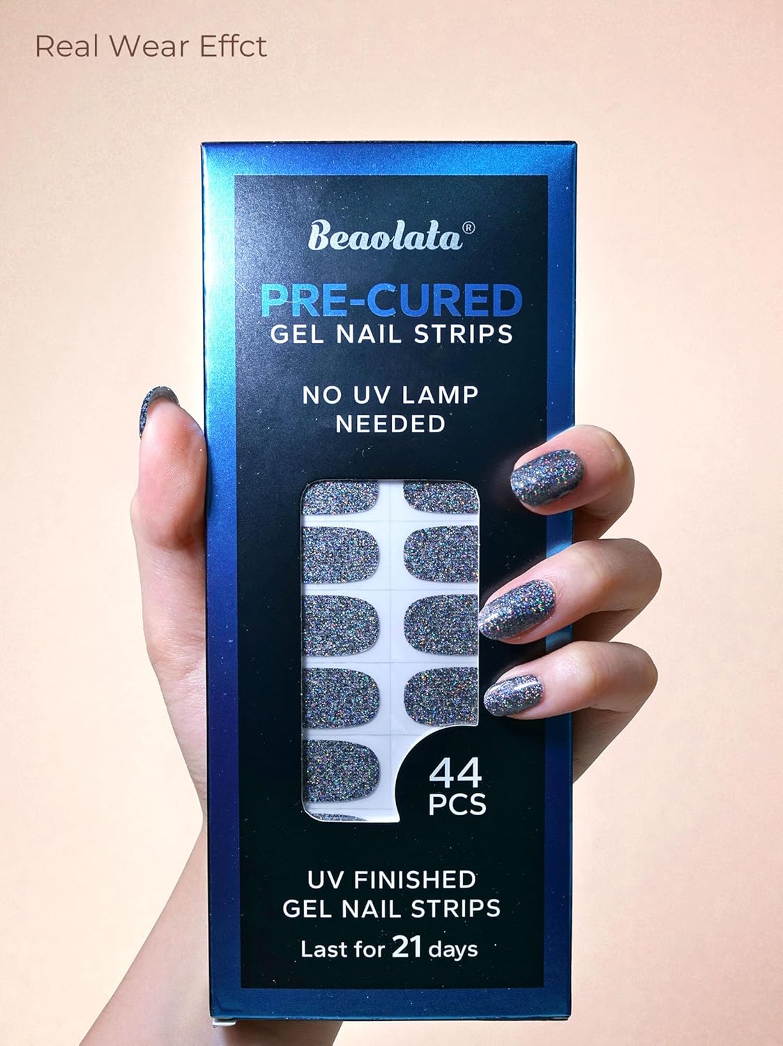 Pre Cured Gel Nail Strips - 44PCS Salon Quality Gel Nail Stickers - Long Lasting Polish Wraps for Women no UV Light Needed Easy Apply& Remove (Cool Silver)