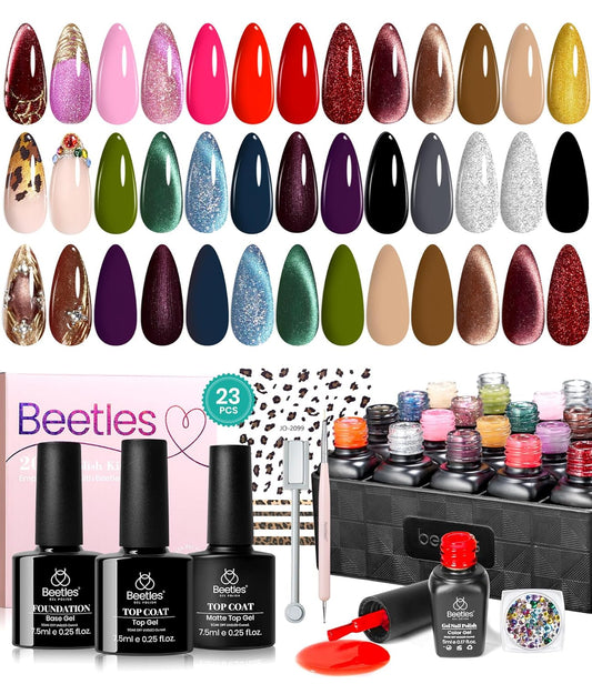 Beetles Fall Gel Polish Kit, Cat Eye Glitter 20 Colors Fall Brown Burgundy Gel Polish With Sticker Rhinestone Base Coat Glossy & Matte Top Coat Mob Wife Collection Winter Gifts for Women | alldaygood beauty