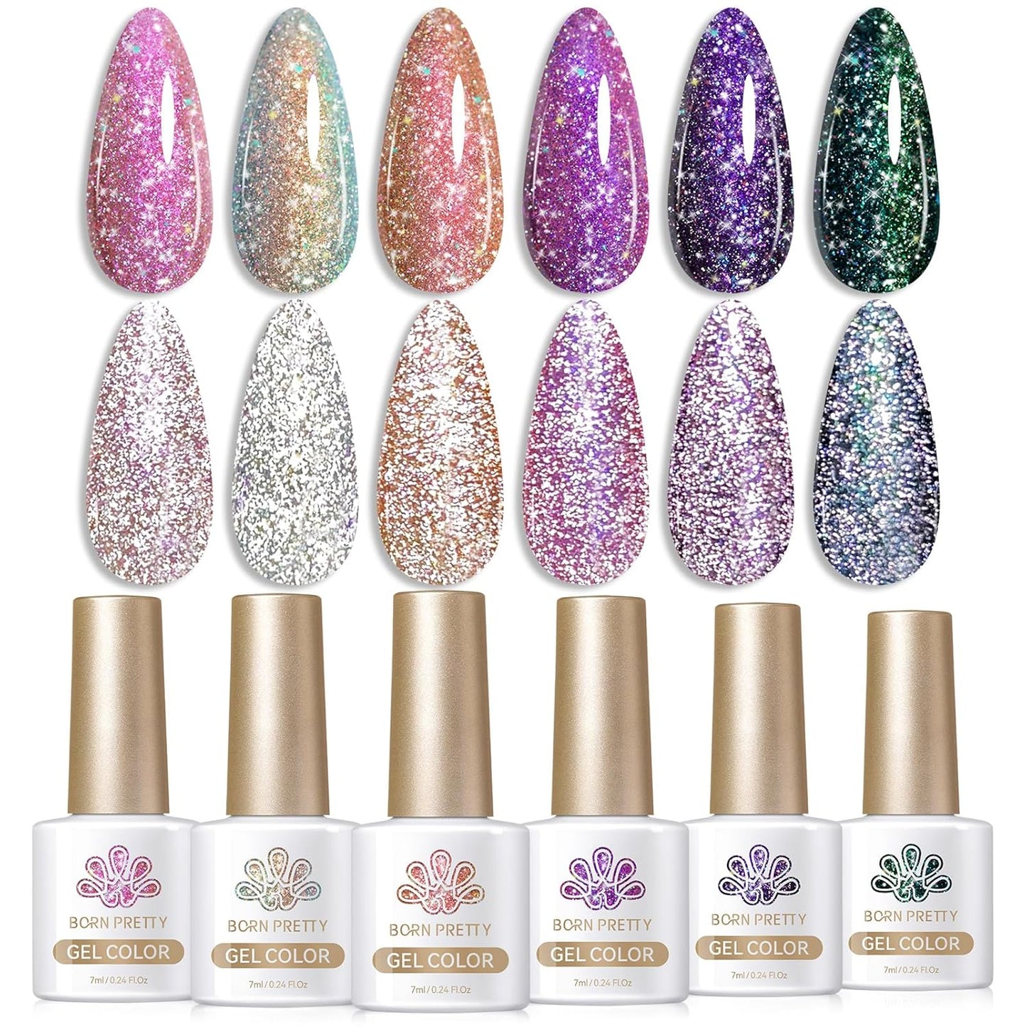 Born Pretty Reflective Glitter Gel Nail Polish Shimmer Sequins Sparkly Shiny Disco DJ Glitter Sequins Nail Polish 6PCS 7ML