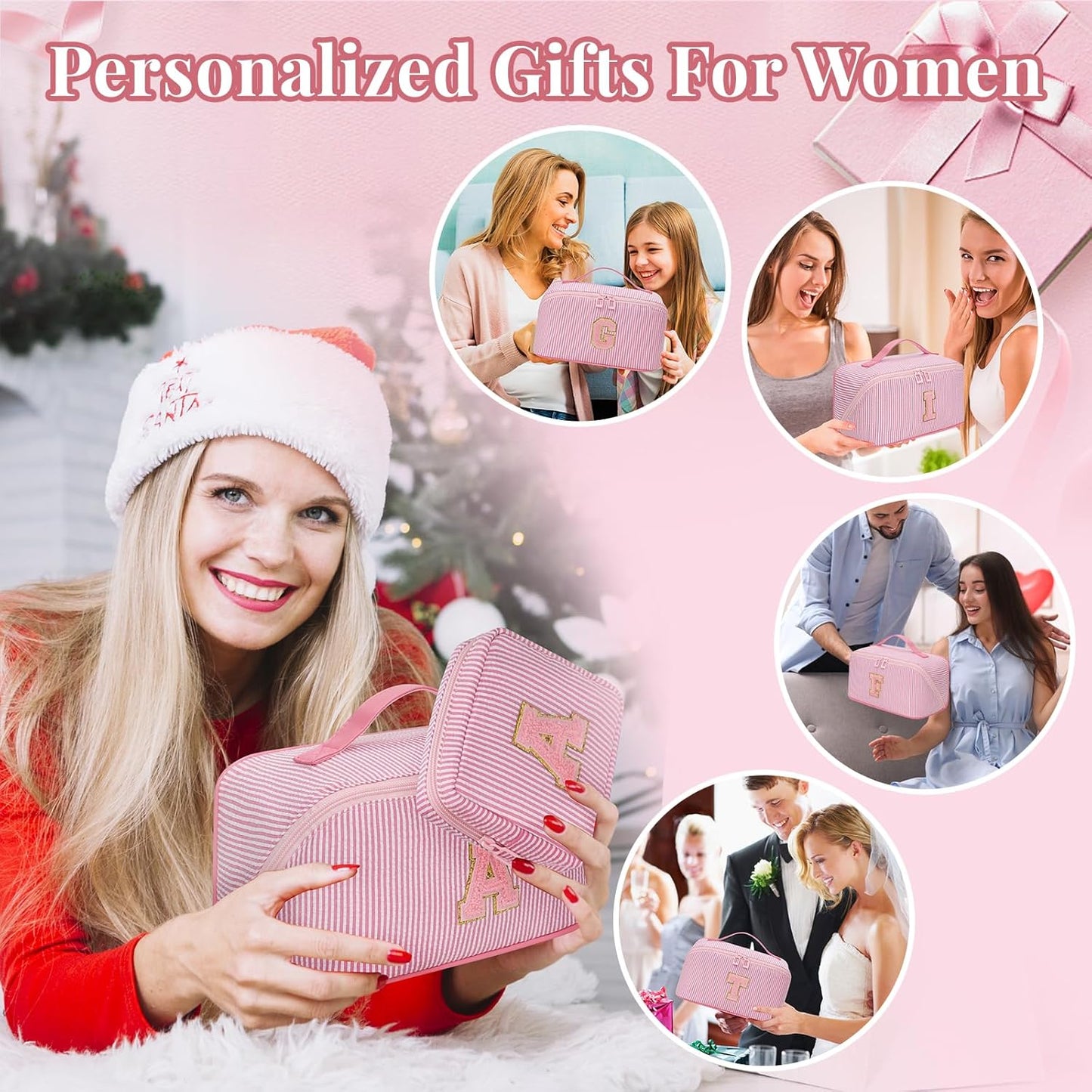 Travel Makeup Bag for Women, 2Pcs Portable Personalized Initial Makeup Organizer Bag, Open Flat Large Cosmetic Bag With Travel Essential Pouch (Pink Letter T)