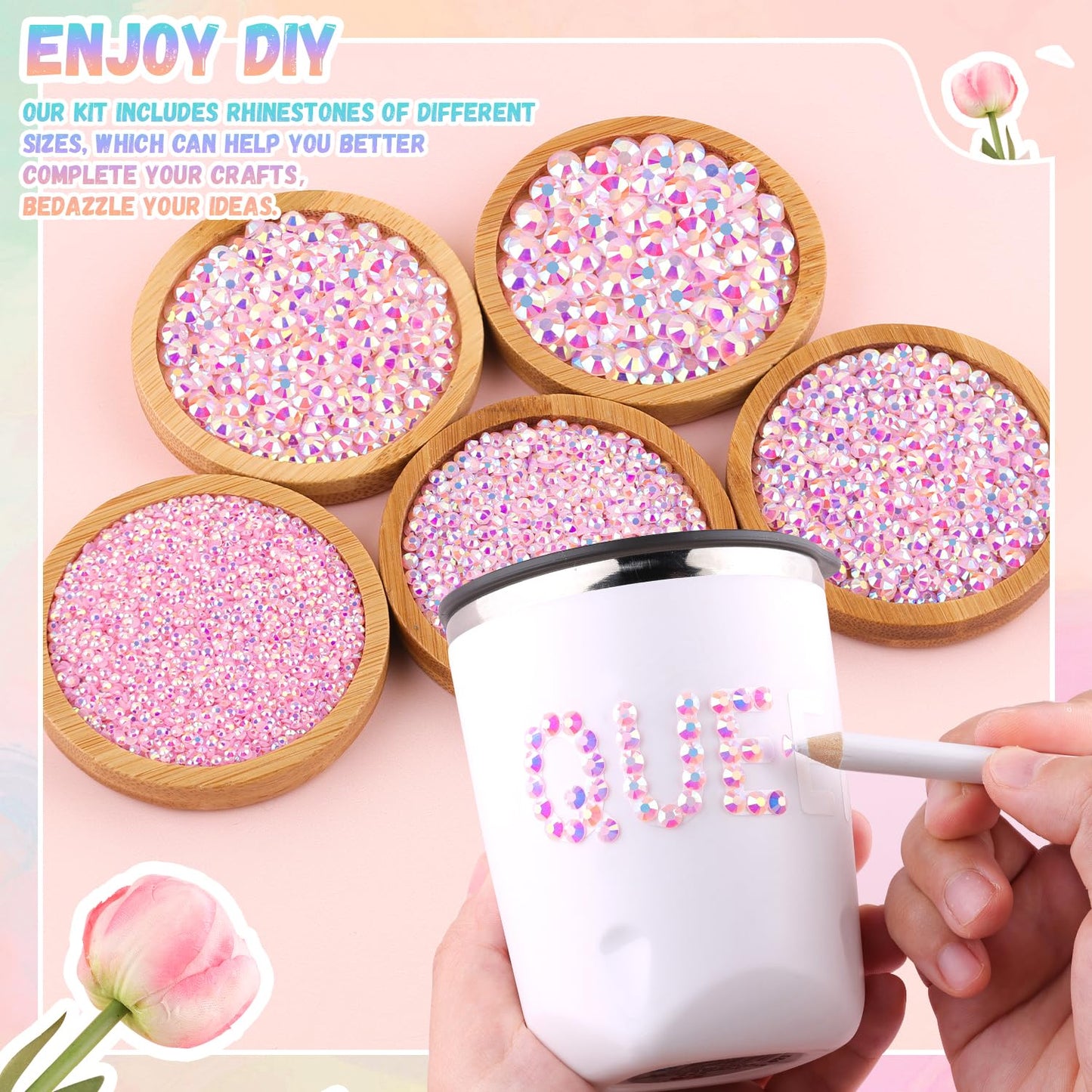 25000Pcs Resin Rhinestones with B7000 Jewelry Glue for Crafting, Light Pink AB 2-6mm Non Hotfix Flatback Gems, Bedazzling Crystal for DIY Crafts Clothing Tumblers Mugs Shoes Fabric Decor Nail Art