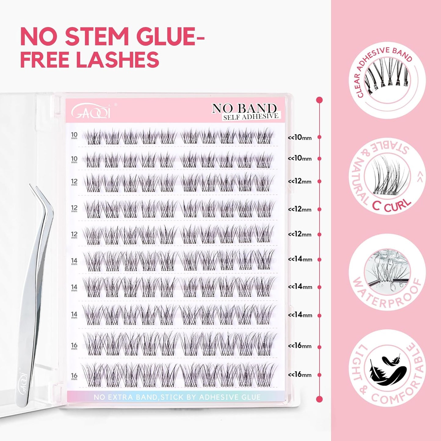 GAQQI Self Adhesive Eyelash Clusters, Natural Look No Glue Lashes 10-16mm, No Band Self Adhesive Lash Clusters 100pcs, Press On Lashes Invisible Band, With Lash Tweezer (LACE)