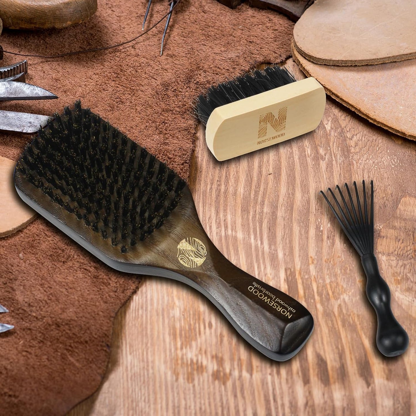 Boar Bristle Brush for Shine and Texture - Stiff Bristles for Medium Hair/Beards, Cleaning Brush Included