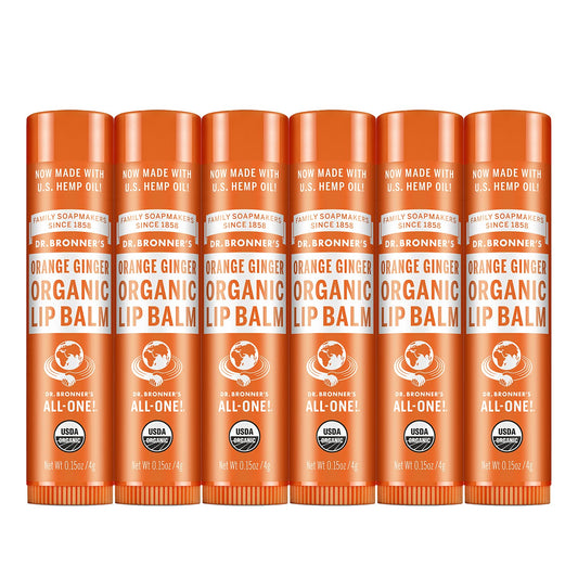 Dr. Bronner’s Organic Lip Balm 6-Pack (.15oz) Natural, Moisturizing, Petroleum-Free Lip Balm with Beeswax & Avocado Oil for Dry Lips, Men & Women - Orange Ginger