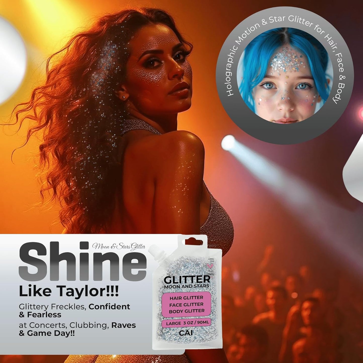 Face, Body & Hair Glitter Gel – Halloween Glitter for Kids and Women – 3 Oz Cosmetic-Grade Gel w/Moon & Stars for Festivals & Halloween Party, Easy Apply & Wash Off - Red/Silver 2Pack