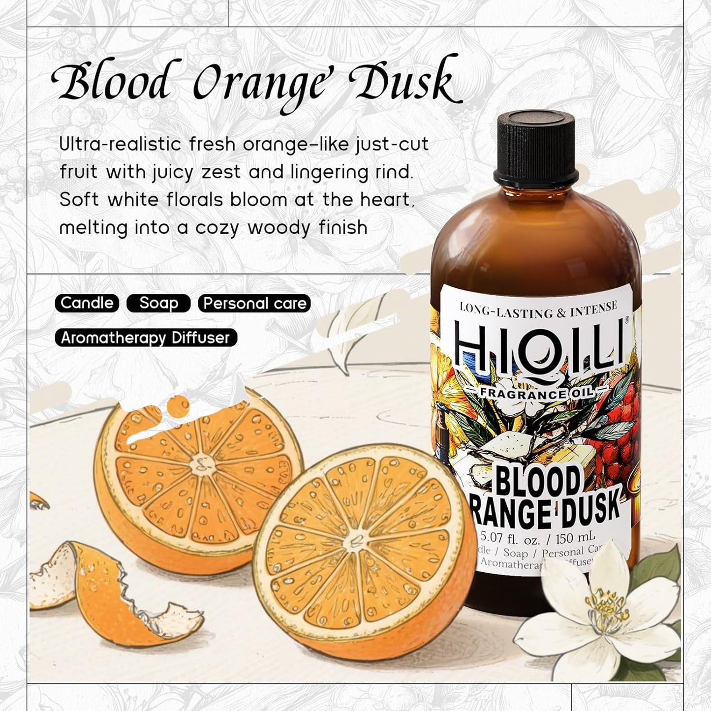 HIQILI Blood Orange Dusk Fragrance Oil for Diffuser, Inspired by Alr-Cologne Or.San-guine, Candle, Soap, Perfume, Spary Making, Citrus Scent, Long-Lasting Aroma - 5.07 Fl Oz