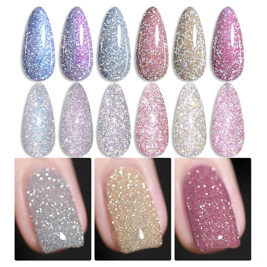 Born Pretty Reflective Glitter Gel Polish Christmas Gold Silver Glitter Sparkly Shiny Disco DJ LED Gel Nail Polish Nail Varnish 6PCS 7ML | alldaygood beauty