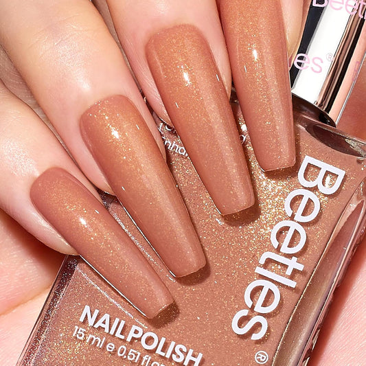 Beetles Glitter Brown Nail Polish –No UV Needed, Air Dry–Rosy Gold Shimmer Nude Rose Nail Lacquer–Fast Drying,Long Lasting,Salon-Quality Polish At-Home DIY | alldaygood beauty