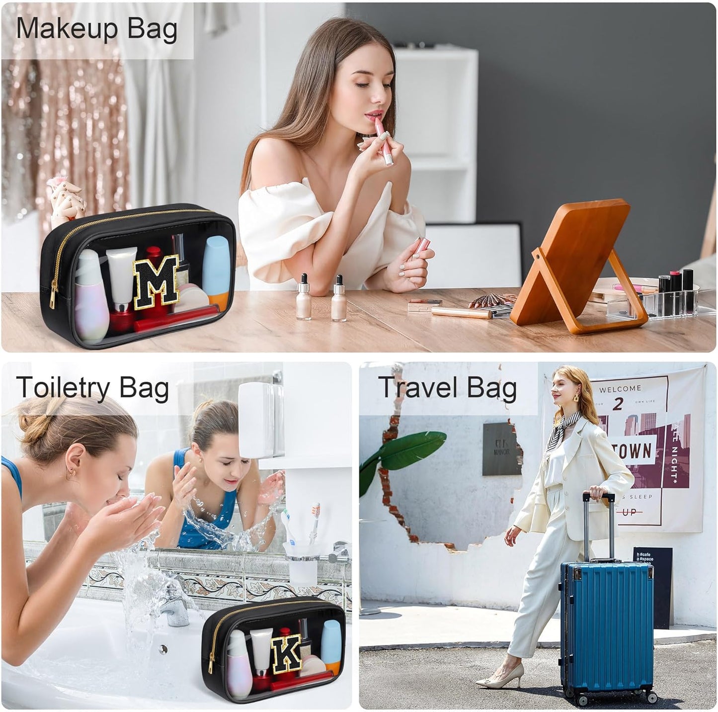 YOOLIFE Travel Toiletry Bag for Women, Black Clear Makeup Bag Cute Make Up Bag for Women Cosmetic Bags Skin Care Makeup Bag Organizer Birthday Gifts for Women Teacher Mother Girlfriend Initial P