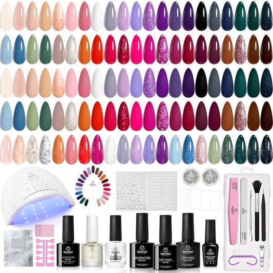 Beetles Gel Nail Polish Kit with Uv Light, 75PCS Gel Polish Starter Kit with Base Top Coat Exquisite 45 Colors Femininity Burgundy Red Green Nude Polish Nail Art Gift for Women