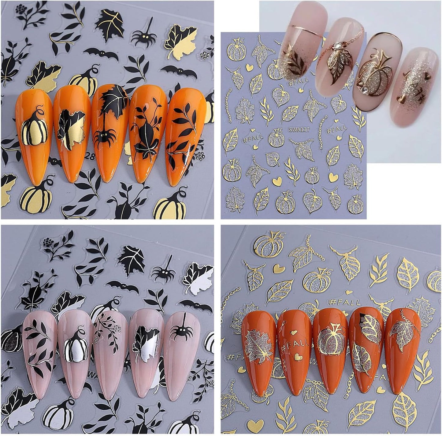 6 Sheets Halloween Nail Art Stickers 3D Self -Adhesive Pumpkin and Leaves Nail Decals Holographic Spider Bat Nail Stickers Halloween Nail Decoration for Women Manicure Supplies