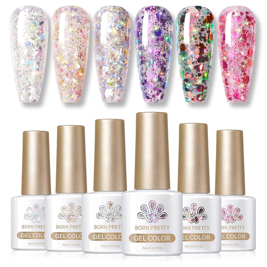 Born Pretty Glitter Sequins Gel Nail Polish Sparkly Shiny Pink Yellow Blue Green 6pcs 7ml Set Soak Off U V Nail Gel Nail Art Manicure Varnish Kit | alldaygood beauty