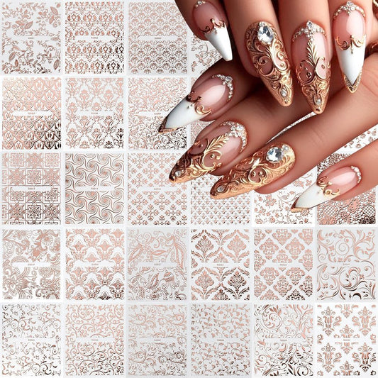 30 Sheets Rose Gold Lace Line Nail Stickers 3D Self Adhesive Nail Art Charms Sticker Decals for Crafts Supplies Accessories (ST-RG) | alldaygood beauty