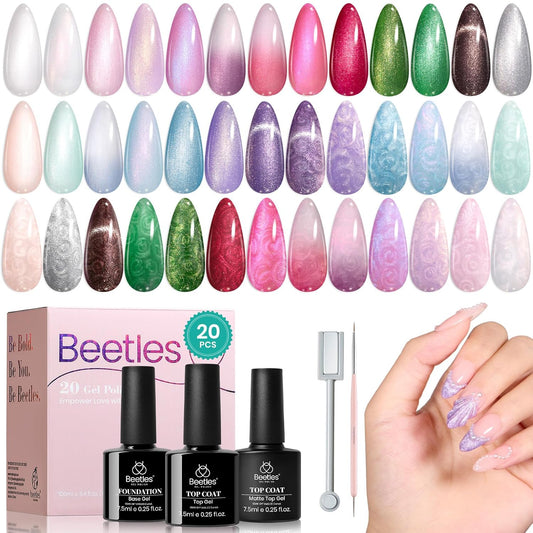 Beetles Pearl Gel Nail Polish Set - Ocean Treasures Gel Polish, 20 Colors Glitter Cat Eye Pink Red Mermaid Swirl Thread Effect Soak off Nail Gel for DIY Manicure Gift for Women | alldaygood beauty