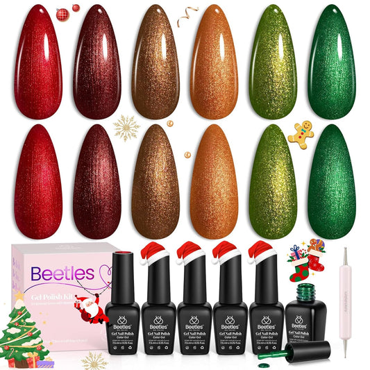beetles Glitter Gel Nail Polish Set, 6 Colors Glitter Brown Orange Red Green Colors Christmas Nail Drawing Swirl Shell Thread Effect Gel Polish Kit Soak Off Led Nail Gel Polish DIY Mani Gifts | alldaygood beauty