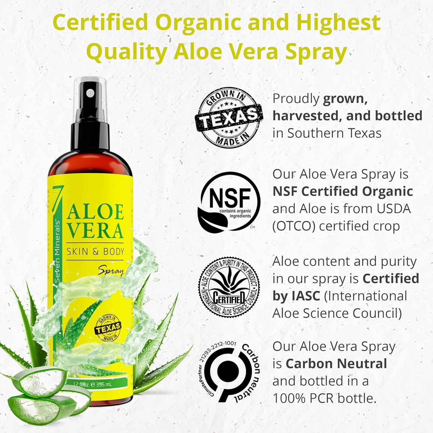 Seven Minerals, Organic Aloe Vera Spray for Body & Hair - From Freshly Cut Aloe Plant, Extra Strong, Easy to Apply, No Thickeners So It Absorbs Rapidly, No Sticky Residue - Made in USA (Big 12 fl oz)