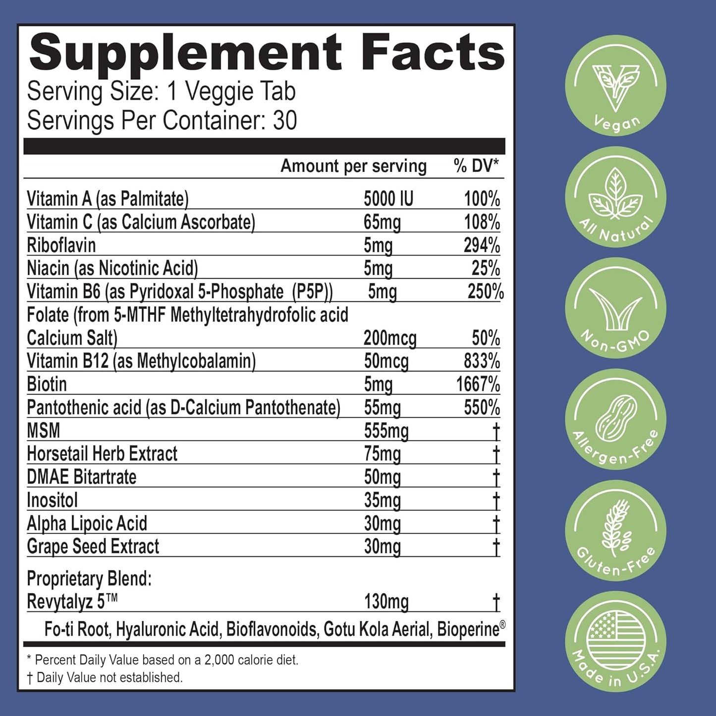 Biotin (Biotina Vitaminas) - Hair Skin Nails Vitamins for Women & Men - 5000 mcg - Hair Growth Support Supplements - 30 Tablets - with Revytalyz 5, Vitamin A, C, B12 - Made in USA