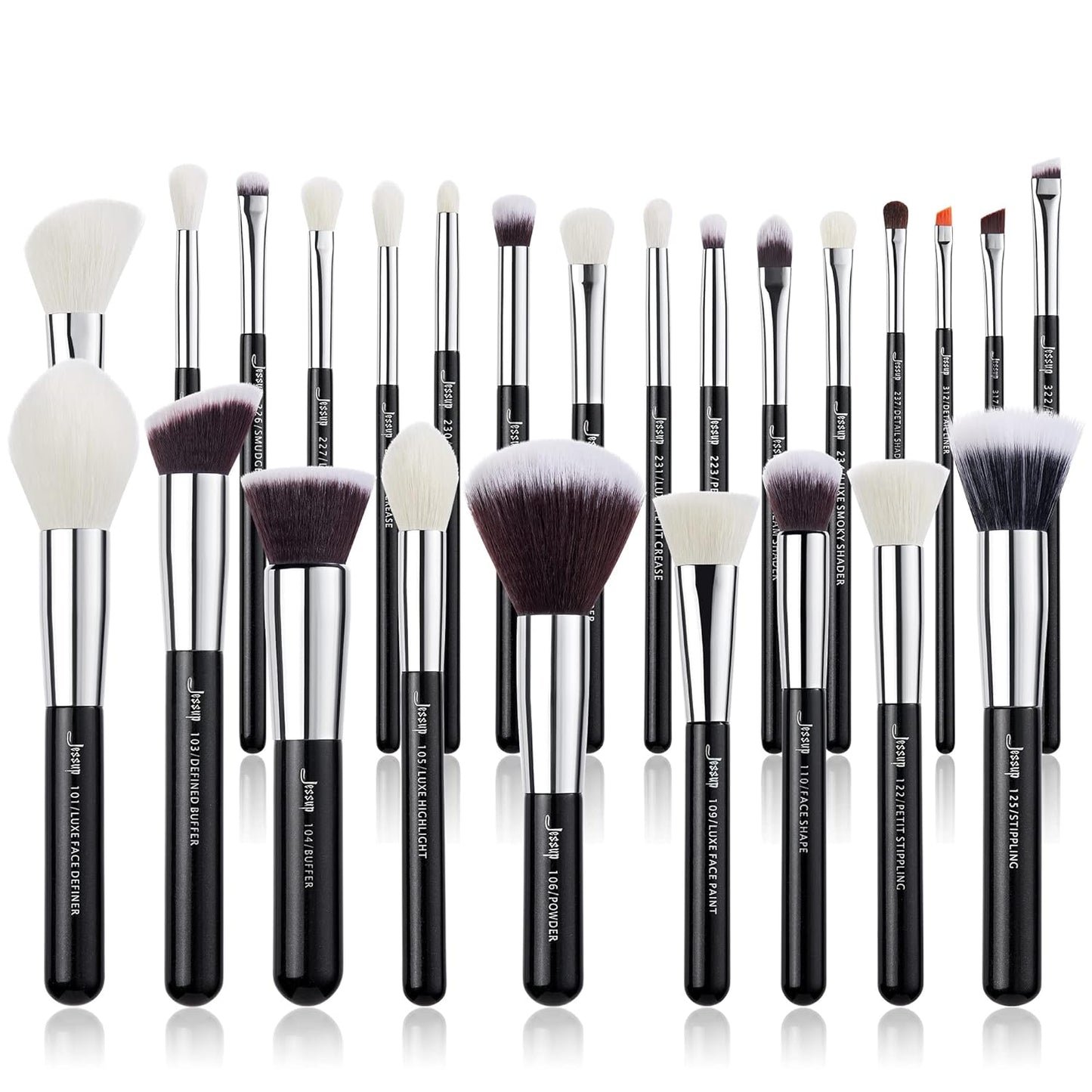 Jessup 25pcs Professional Makeup Brush Set Foundation Powder Concealer Eyeshadow Blending Blush Highlighter Natural-Synthetic Hair Brushes (Black/Silver)