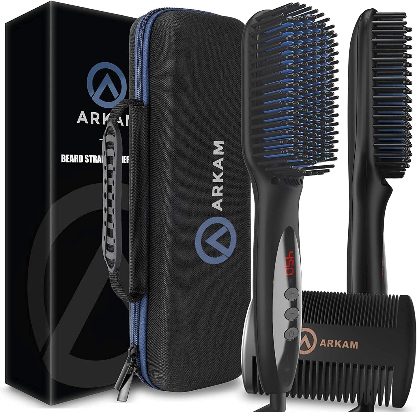 Arkam Beard Straightener for Men -Premium Heated Beard Brush Kit w/Anti-Scald Feature, Dual Action Hair Comb and Hard Shell Travel Case for Medium to Long Beards - Costume and Grooming Gifts for Men